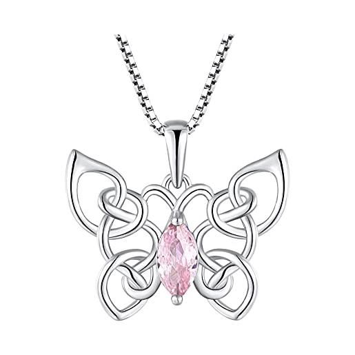 FJ collana farfalla argento 925 collana nodo celtico ciondolo con ottobre pietra portafortuna tormalina rosa gioielli regalo per donna