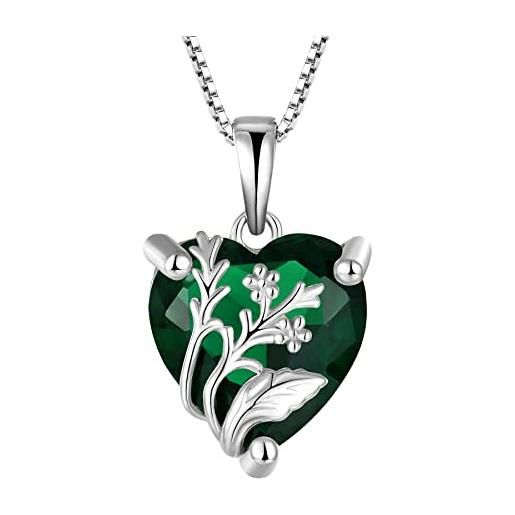 JO WISDOM collana verbena cuore di argento 925 donna, ciondolo con catena zirconia cubica 3a può birthstone colore smeraldo