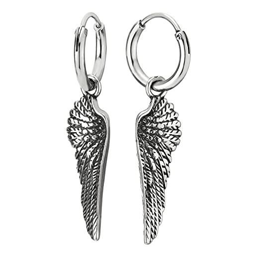 COOLSTEELANDBEYOND cerchio orecchini con pendenti ala di angelo charms, orecchini da uomo donna, acciaio inossidabile