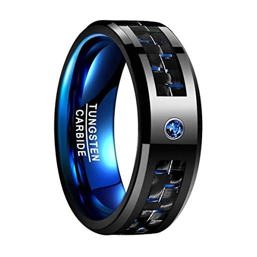 NUNCAD anello fidanzamento uomo donna nero con zircone blu 8mm, anelli in tungsteno con fibra di carbonio per matrimonio fedi nuziali taglia 32.25