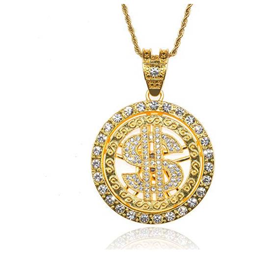 HALUKAKAH gold chain for men iced out, 18k real gold plated rotatable us dollar pendant necklace, full cz lab diamonds prong set, with rope chain 60cm, free giftbox