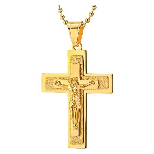 COOLSTEELANDBEYOND tre strati acciaio oro colore gesù cristo crocifisso croce ciondolo, collana con pendente da uomo donna, 75cm catena