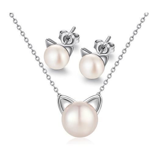 Jiamiaoi orecchini a perno con perle d' acqua dolce per donne/ragazze in argento 925, collana e orecchini con sagoma di gatto