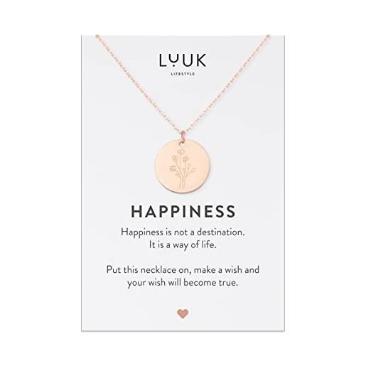 LUUK LIFESTYLE collanina in filigrana con ciondolo a fiore e dedica happiness, in acciaio inox, idea regalo per donna e ragazza, stile semplice e delicato, catenina dell'amicizia, rosa