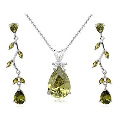 Crystalline Azuria donna 18ct placcato oro bianco lacrima parure con olivina verde cristalli di zirconi collana 45 cm orecchini pendenti