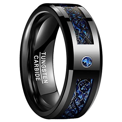 NUNCAD nero anello celtico drago per uomo donna con fibra di carbonio e zircone blu 8mm in tungsteno, anelli fede nuziale fidanzamento taglia 19.5