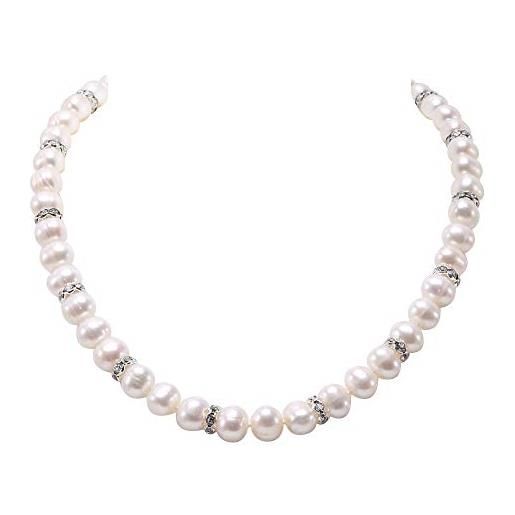 JYX Pearl jyx - collana con perle rotonde bianche da 8 a 9 mm, con zirconi, 45,7 cm