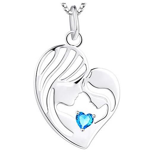 YL collana madre e figlia argento 925 e marzo pietra portafortuna acquamarina pendente cuore per mamma donna, catena 18-20cm