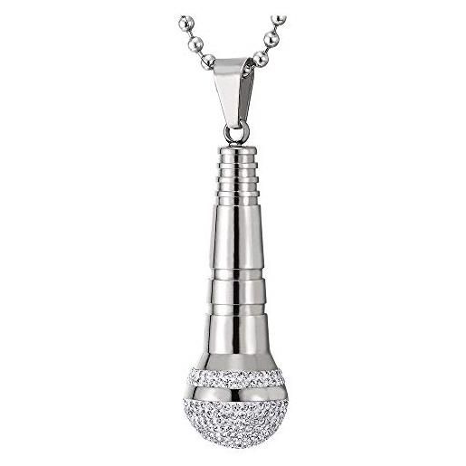 COOLSTEELANDBEYOND microfono ciondolo con zirconi, collana da uomo, acciaio inossidabile, argento bianco, palla catena 75cm