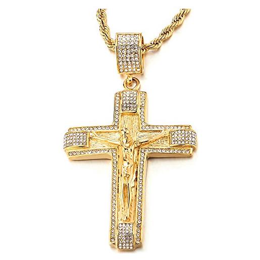 COOLSTEELANDBEYOND grande oro collana con pendente gesù cristo crocifisso croce con zirconi, uomo donna ciondolo croce, acciaio inossidabile, catena corda 75cm