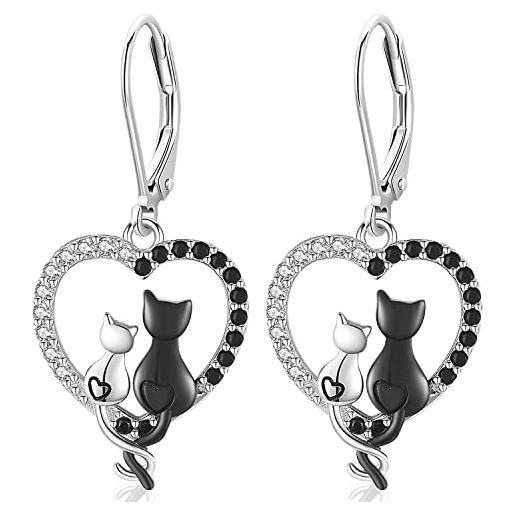 Friggem orecchini gatto, orecchini pendenti gatto cuore in argento sterling 925 con zirconi orecchini donna gatto ipoallergenico gioielli regali per ragazze madri sorelle