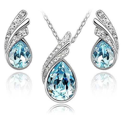 Crystalline Azuria donna 18ct placcato oro bianco lacrima cristalli blu acquamarina simulato parure collana con ciondolo 45 cm orecchini
