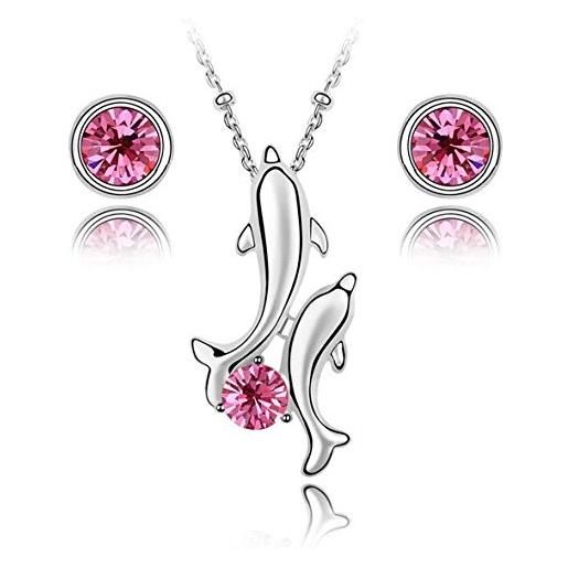 Crystalline Azuria donna 18ct placcato oro bianco cristalli rosa delfini parure collana con ciondolo 45 cm orecchini a lobo
