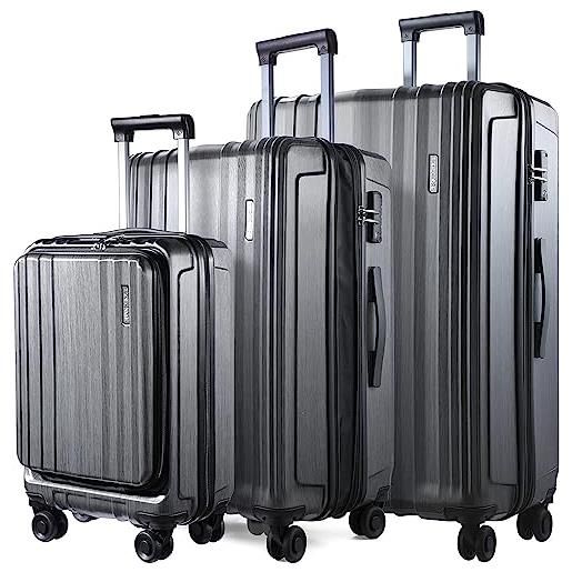 TydeCkare set valigie 3 pezzi (20/24/28), solo 20 con tasca frontale per laptop & 24/28 con scalabile, valigia con blocco tsa e ruote girevoli, grigio argento