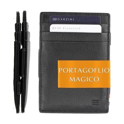 GARZINI portafoglio magico - in vera pelle, sottile e minimalista magic wallet da uomo con sistema di blocco rfid, raven black