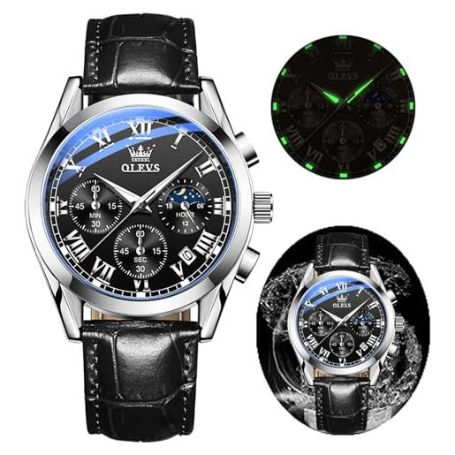 OLEVS mens watches luxury chronograph waterproof luminous analog quartz classic business sports watch watch for men (black gold silver)