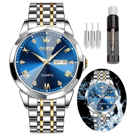 OLEVS orologio da uomo con diamanti per affari, orologio analogico al quarzo in acciaio inossidabile, impermeabile, luminoso, con data, due toni, orologio da polso casual di lusso