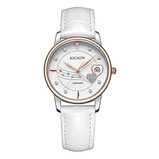 K KICADN kicadn impermeabile bianco orologi da donna in vera pelle banda analogico al quarzo orologio da polso data calendario orologi da donna oro rosa (bianco)