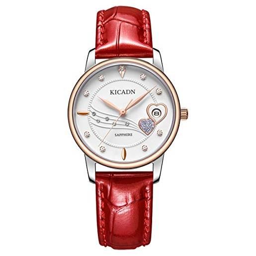 K KICADN kicadn impermeabile bianco orologi da donna in vera pelle banda analogico al quarzo orologio da polso data calendario orologi da donna oro rosa (rosso)