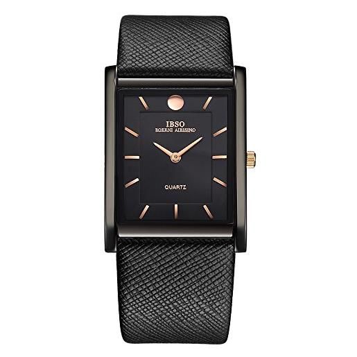 IBSO orologi da uomo 7mm ultra-sottile rettangolo quadrante orologio classico al quarzo, nero , cinturino
