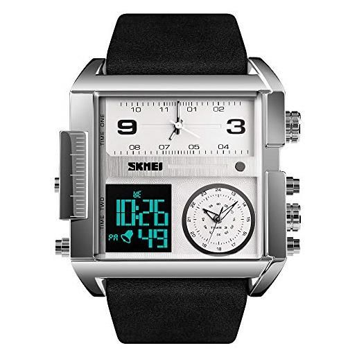 SKMEI orologio sportivo digitale da uomo, quadrante grande, analogico, al quarzo, con cronometro impermeabile e multi-fuso orario 2.17*2*0.59 inch argento e nero. 