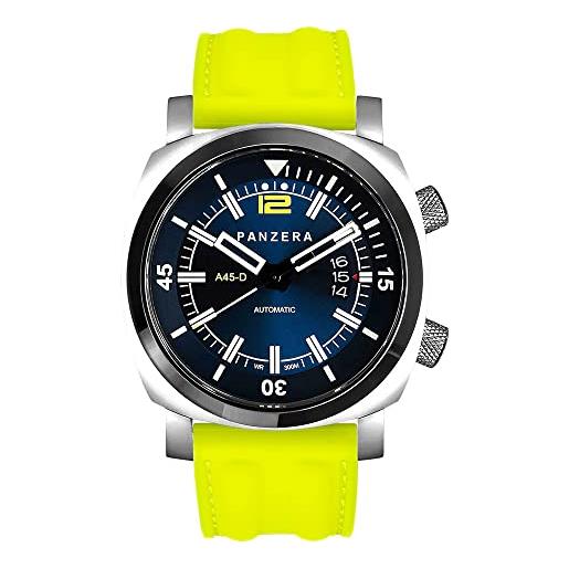 Panzera aquamarine pro diver infinity blue submerge automatico acciaio blu diver giallo datario silicone orologio uomo