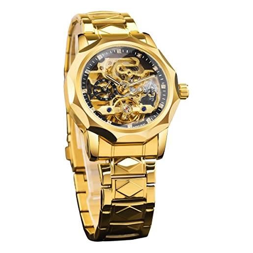 FORSINING orologio da uomo automatico meccanico scheletro tourbillon orologi moda business impermeabile orologio da polso lusso diamante quadrante, oro, bracciale