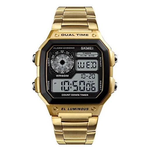 SKMEI dg1335 orologio digitale da uomo, con display trasparente, cinturino in acciaio inox, con data, sveglia, cronometro, oro, bracciale