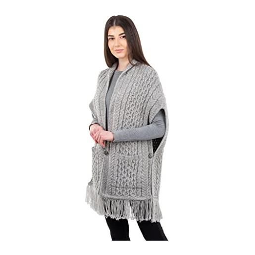 SAOL scialle di 100% lana merino/maglione poncho/cardigan aperto con tasche con frange e bottone trinity knot (naturale)