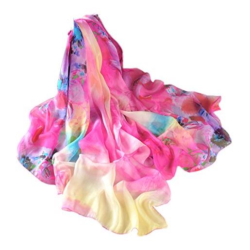 Prettystern oversize sciarpa di seta foulard donna chiffon pareo stola estate fresca multicolore colorata floreale hot pink rosa