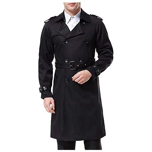 AOWOFS cappotto lungo da uomo con doppio bottone, vestibilità aderente, stile militare con cintura, nero , m