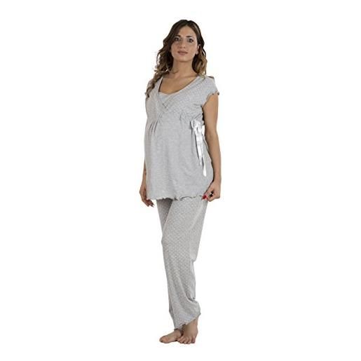 Premamy - pigiama per premaman, modello con fiocco, cotone bielastico, pre-post parto - grigio - v (l)