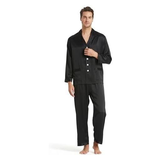 LilySilk pigiama da uomo in pura seta, 100 pezzi, set pigiama lungo da 19 mm, in seta di gelso, leggero, per regali o per te stesso, nero , xl