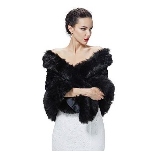 BEAUTELICATE scialle stola in pelliccia sintetica donna mantella bolero coprispalle sciarpa ecopelliccia sposa per matrimonio inverno cerimonia festa avorio nero (nero, taglia unica)