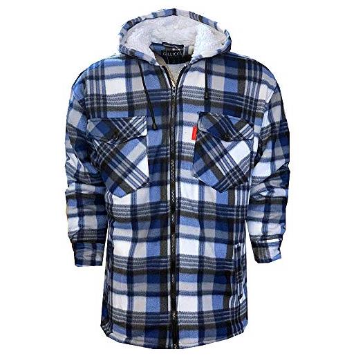 Gillicci camicia trapuntata da uomo imbottita in pile sherpa con cappuccio extra spesso, camicia colletto blu, xxl