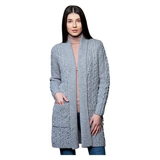 SAOL 100% lana merino irlandese lungo aperto maglia cardigan da donna, grigio, xx-large