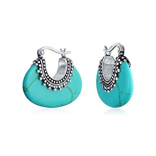 Bling Jewelry boho bali stile tribale blu stabilizzato turchese ovale metà orecchini a cerchio a mezzaluna per le donne ossidato perlina di caviale milgrain 925 argento sterling