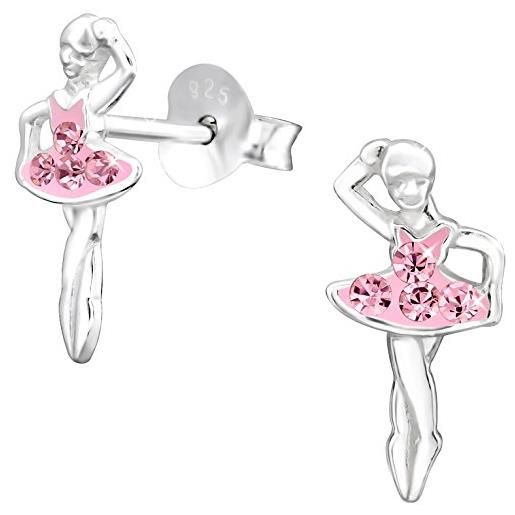 JAYARE orecchini a ballerina per bambini con 8 cristalli strass in argento sterling 925, 12 x 6 mm, colore rosa