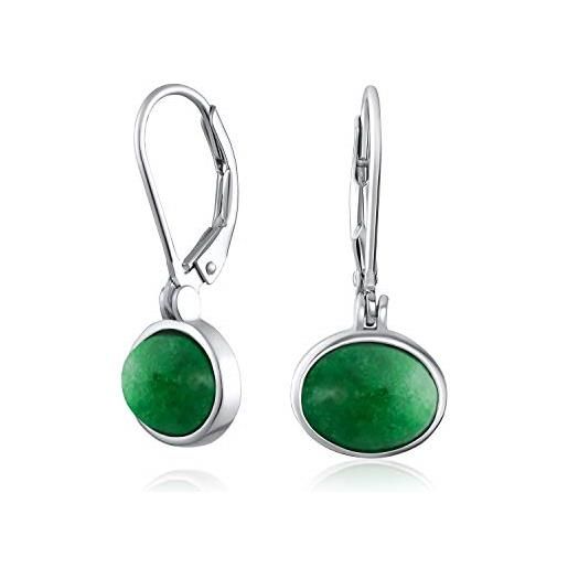 Bling Jewelry orecchini a goccia semplici con castone e leva posteriore in giada verde con pietre preziose ovali per le adolescenti (argento 925) 7mm