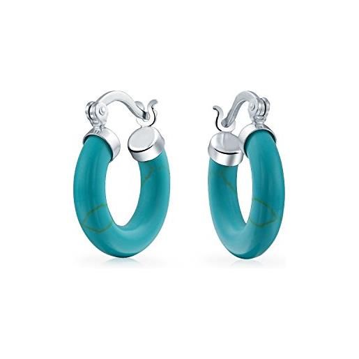 Bling Jewelry orecchini a cerchio a tubo tondo con gemma blu di turchese potenziata di medie dimensioni per le donne adolescenti. 925 sterling silver. 75 inch diameter