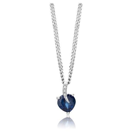 MIORE collana donna argento, catena con ciondolo cuore di zaffiro e diamanti naturali in argento sterling 925. Gemma taglio cuore. Catenina grumetta cm 45. Pendente donna anallergico. 