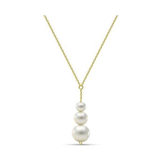 Miore collana in oro giallo 585 14 kt con 3 perle d'acqua dolce bianche da donna, lunghezza 450 mm, oro, diamanti, perle