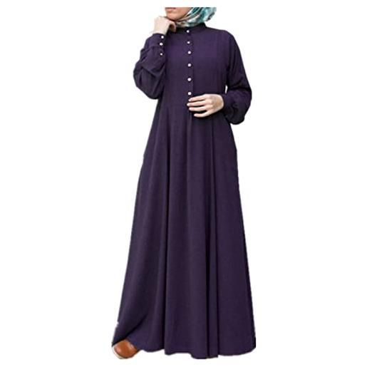 Andiwa abito musulmano da donna caftano arabo jilbab abaya islamico casual button maxi dress, viola, xl
