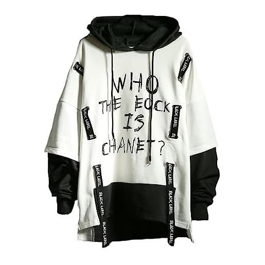 Hello MrLin felpa hip hop con cappuccio giapponese techwear patchwork streetwear maglione a contrasto, bianco, xxxl