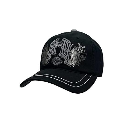 Harley-Davidson berretto da baseball h-d sfilacciato monogramma a spillo da donna, ali d'argento, nero, taglia unica