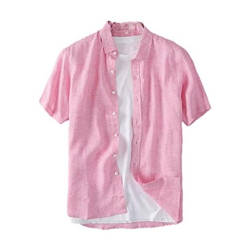 ERFMFKL camicie a maniche corte scozzesi per uomo turn-down collar button casual tops, rosa, l