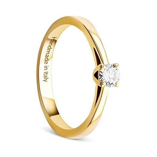 Orovi anello donna solitario con diamante taglio brillante ct. 0.15 in oro giallo 14 kt 585, anello fatto a mano a valenza po