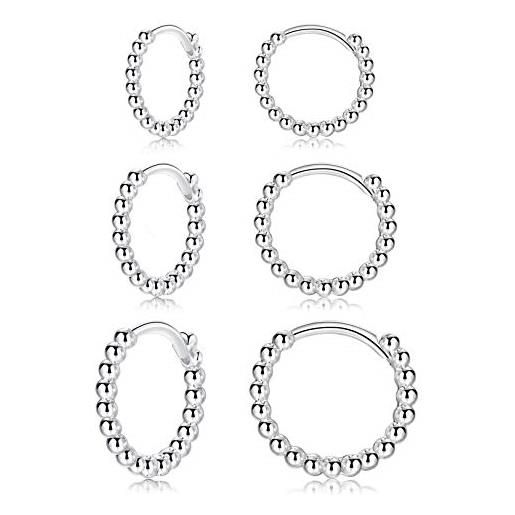 LYTOPTOP orecchini a cerchio in argento da donna, 3 paia di piccoli orecchini in argento sterling con perline e perline, ipoallergenici, per uomini, donne, ragazze, 8 mm, 10 mm, 12 mm, metallo