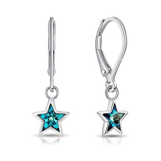 DTPsilver® orecchini pendenti a leva in argento 925 - piccoli cristalli swarovski® elements - forma di stella - diametro: 7 mm - blu bermuda