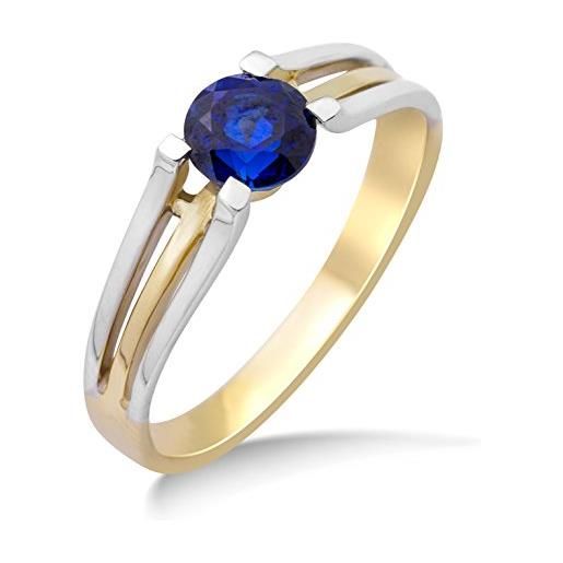 MIORE anello solitario da donna, vero oro bianco oro giallo 9kt 375 con zaffiro blu centrale anello di fidanzamento classico con pietra brillante di colore. Anello anallergico. 